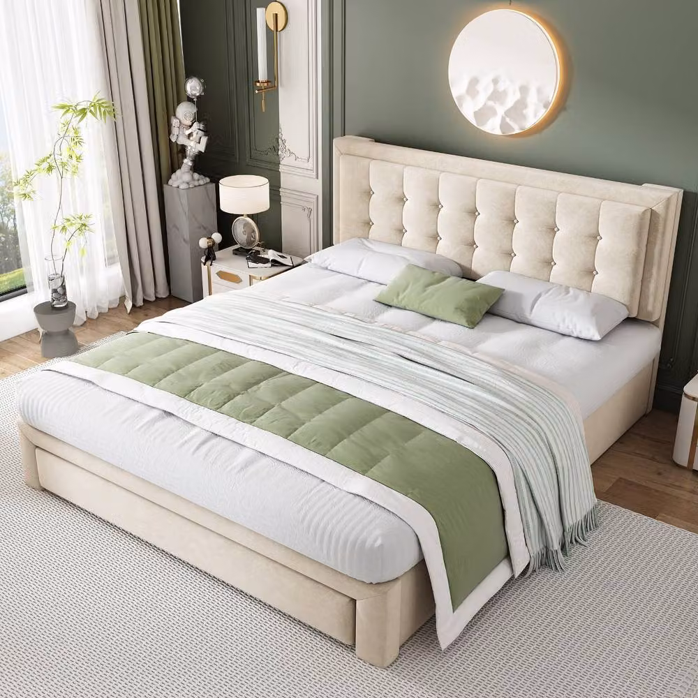 Rolipo Cream Velvet Upholstered Double Bed with Storage and Headboard, W: 140 cm, D: 200 cm – 2