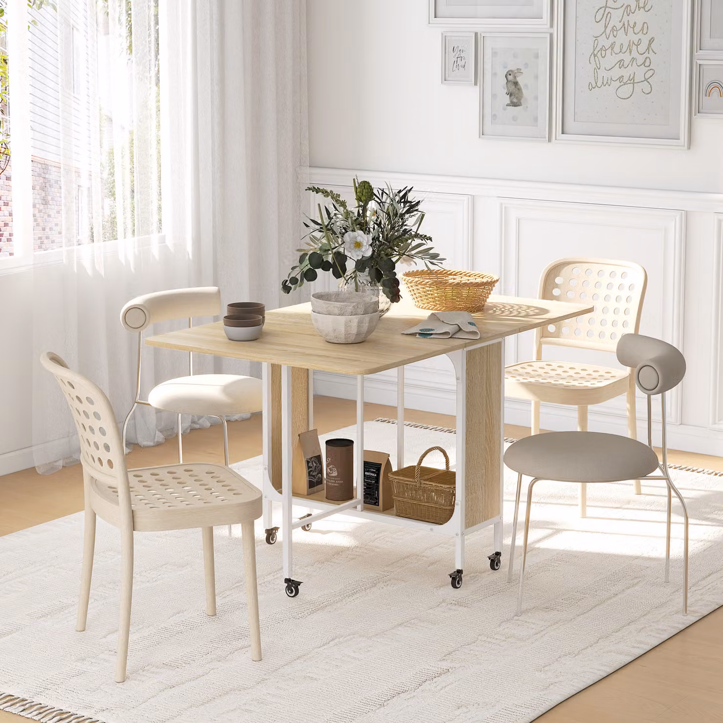 HOMCOM Natural Wood Folding Kitchen Dining Table with Drop Leaf, Storage Shelf and Castors – 2
