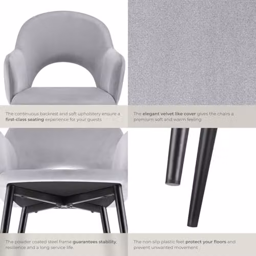 tectake Set of 6 Velvet Look Dining Chairs with Curved Backrests and Steel Legs in Light Grey, W/D/H: 57 x 61.5 x 87.5 cm – 5