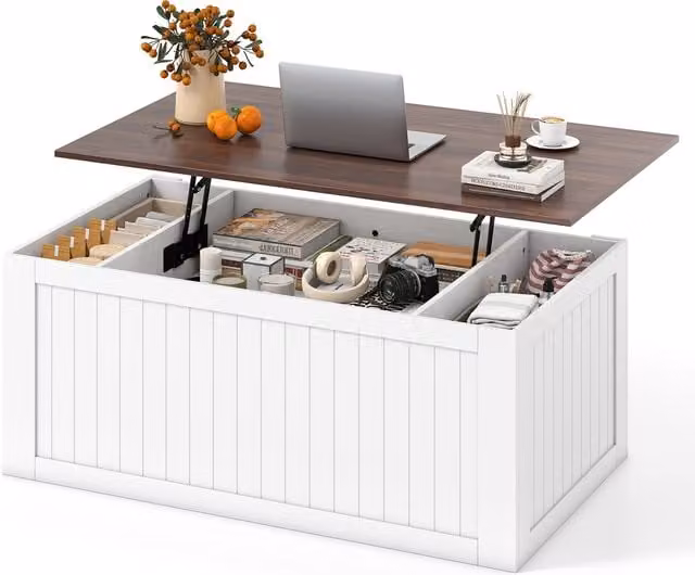 COSTWAY White Rustic Wood Farmhouse Rectangular Centre Table with Lift Mechanism