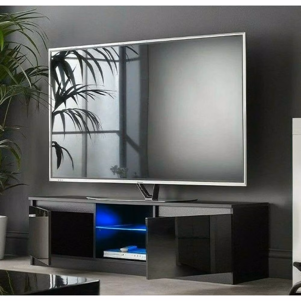 PAWNORA Modern Glossy Black TV Stand Cabinet with LED Lights for 50-65 Inch TVs, W: 100 cm, D: 15 cm – 2