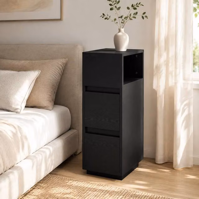 STILVORA Slim Bedside Cabinet with 2 Drawers and Open Shelf, Black