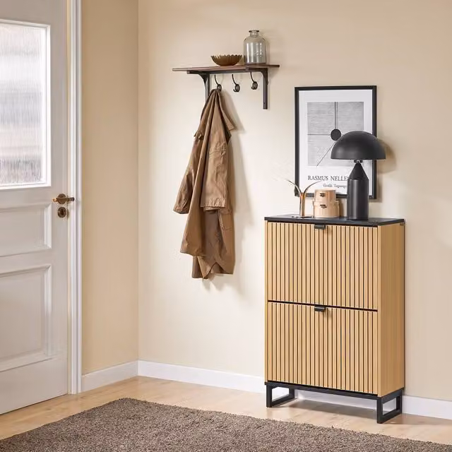 SoBuy Slim Modern Shoe Cabinet in Oak and Black with Tilting Compartments – 1