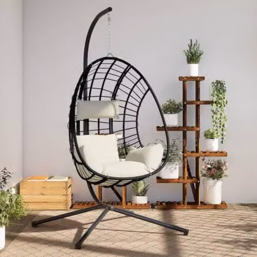 vidaXL Hanging Egg Chair with Stand in Beige Rattan and Powder Coated Steel with Cushions – 2