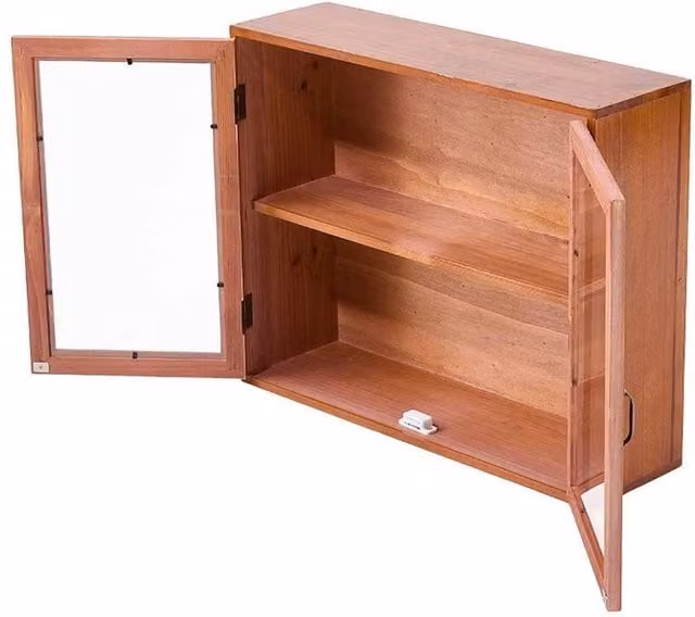KORVIXA Vintage 2-Tier Wooden Desktop Display Storage Cabinet with Glass Doors in Brown