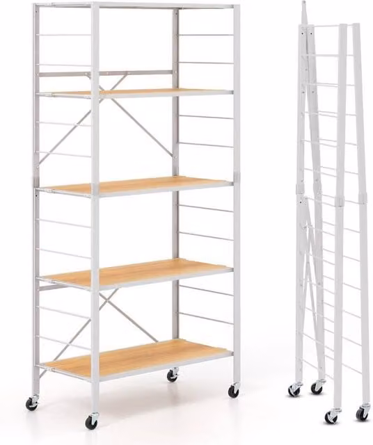 Kelvenix 5-Tier Foldable Metal Storage Rack with Adjustable Shelves in White – 1
