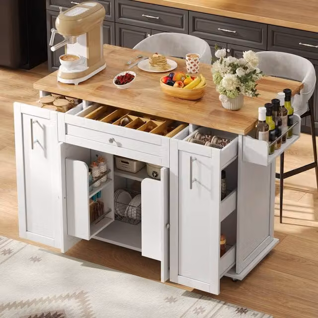 BTM Mobile Kitchen Island with Foldable Top and Drawers, White, W: 120 cm, D: 70 cm, H: 87 cm