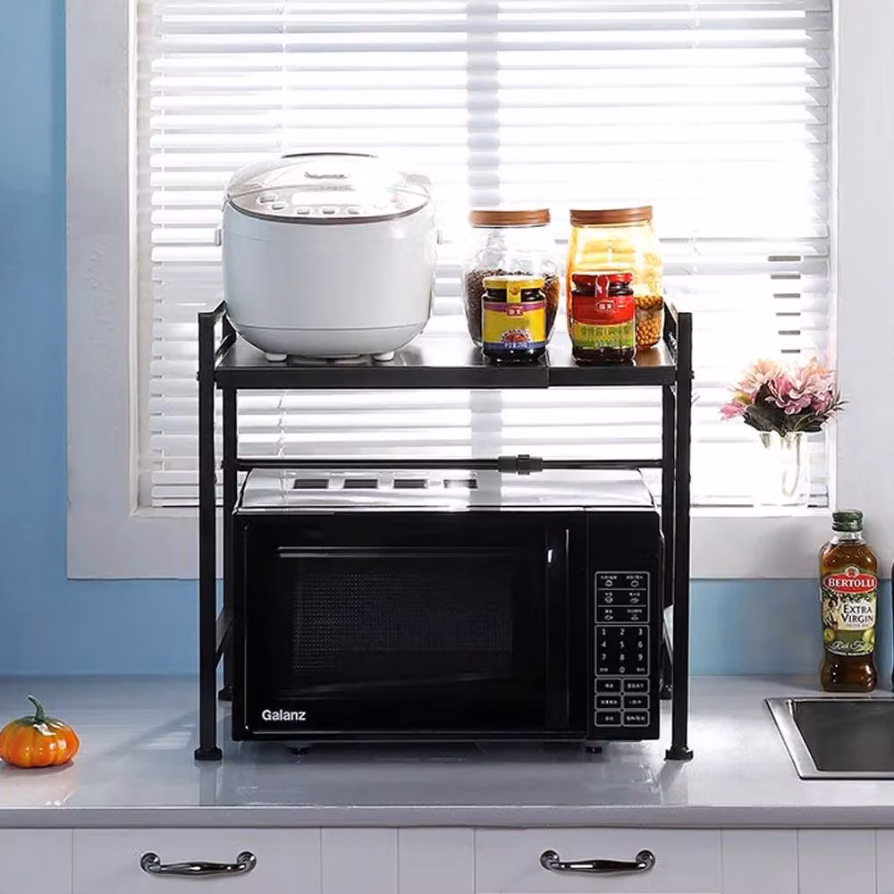 Living and Home 2-Tier Expandable Metal Microwave Oven Rack with Hooks, Black – 3