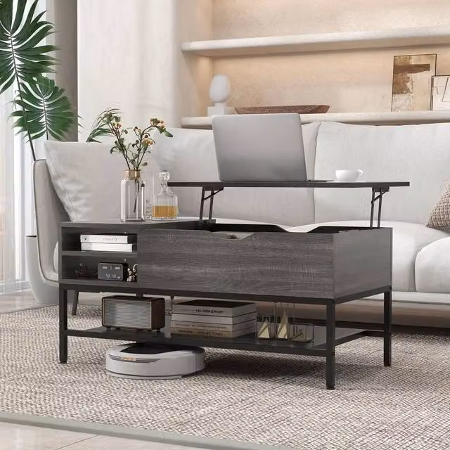 Kelvenix Industrial Grey Metal Coffee Table with Storage Shelf and Lift Mechanism