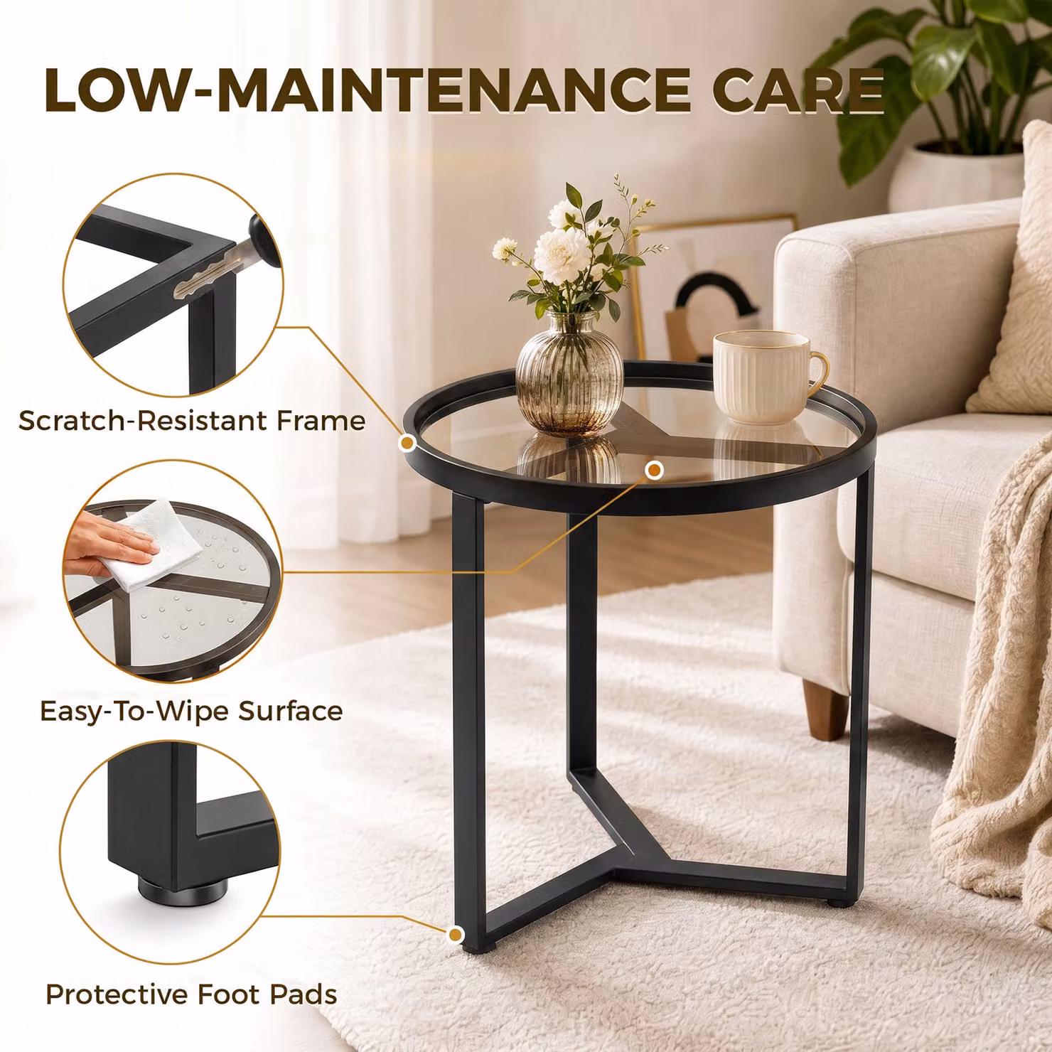 HOMCOM Round Side Table with Tempered Glass Top and Geometric Metal Frame, Black, W/D/H: 50 x 45 x 45 cm – 6