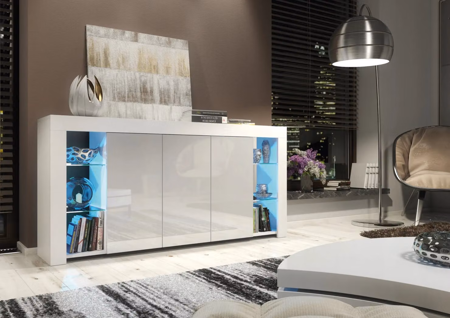 Creative Furniture Eden Sideboard in Grey and White with Glossy Doors and Integrated LED Lighting, W: 164 cm, H: 83 cm, D: 35 cm – 2