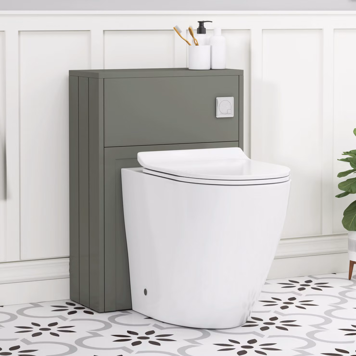 Royal Bathrooms Elmore Matte Green BTW WC Unit with Elva Rimless Short Projection Ceramic Toilet Pan, Slim Seat and Cistern, Width: 55 cm