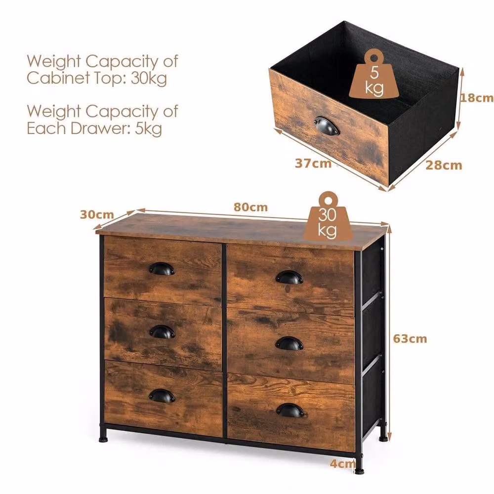 Kelvenix 6 Drawer Dresser Organiser in Brown with 2-Tier Fabric Storage and Metal Frame – 2