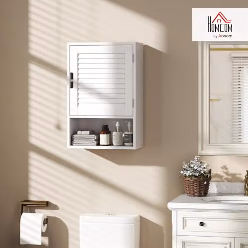 HOMCOM Modern White Wall Mounted Bathroom Cabinet with Roll Shutter and Internal Shelves W: 40 cm, D: 20 cm, H: 60 cm – 2