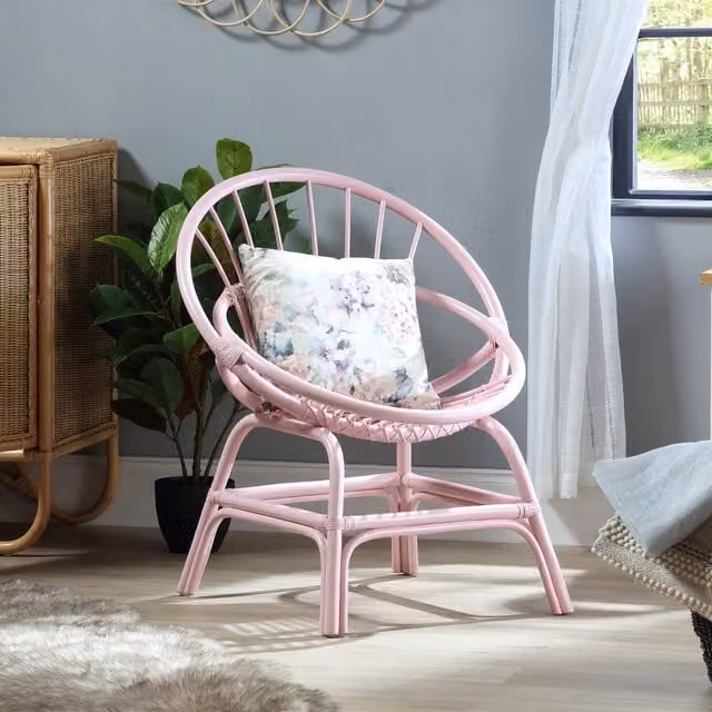 Desser Pink Rattan Moon Bowl Chair with Fabric Matt