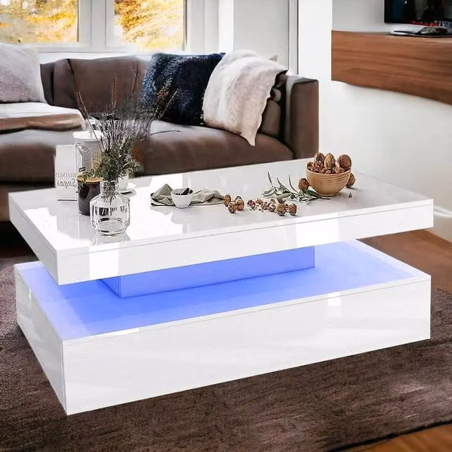 EONLION Modern LED Coffee Table with 2 Drawers in White, Width: 100 cm