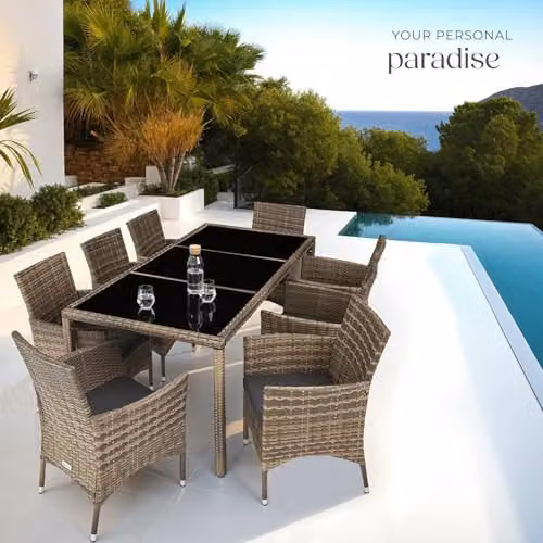 tectake Modern Polyrattan Garden Furniture Set in Nature with 1 Rectangular Glass Dining Table and 8 Chairs with Removable Weather-Resistant Cushions – 7