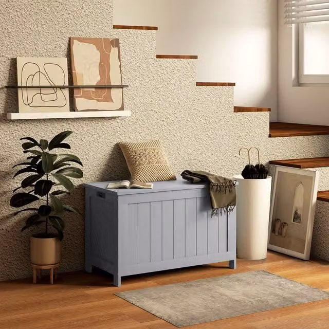 HOMCOM Modern Grey Wooden Storage Chest with Soft-Close Lid and Cut-out Handles, W: 76 cm, D: 40 cm, H: 48 cm