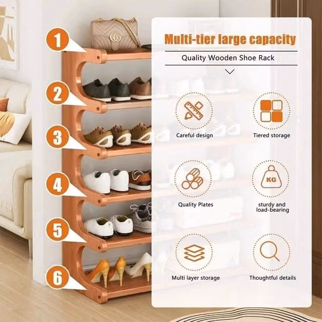 FLAVORA 6 Tier Wooden Shoe Rack Storage Shelf Unit in Natural Sand Brown