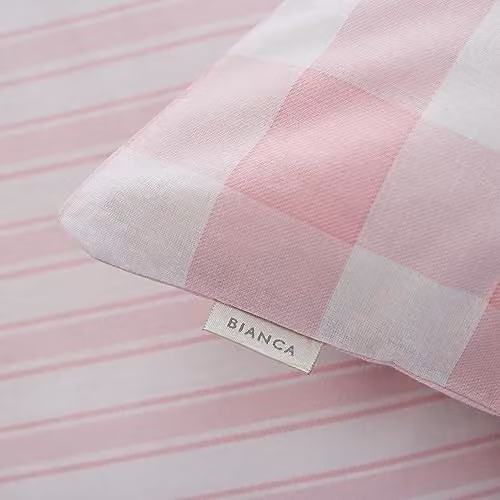 Bianca Check and Stripe Cotton Double Fitted Sheet in Pink and White, W/D/H: 140 x 200 cm