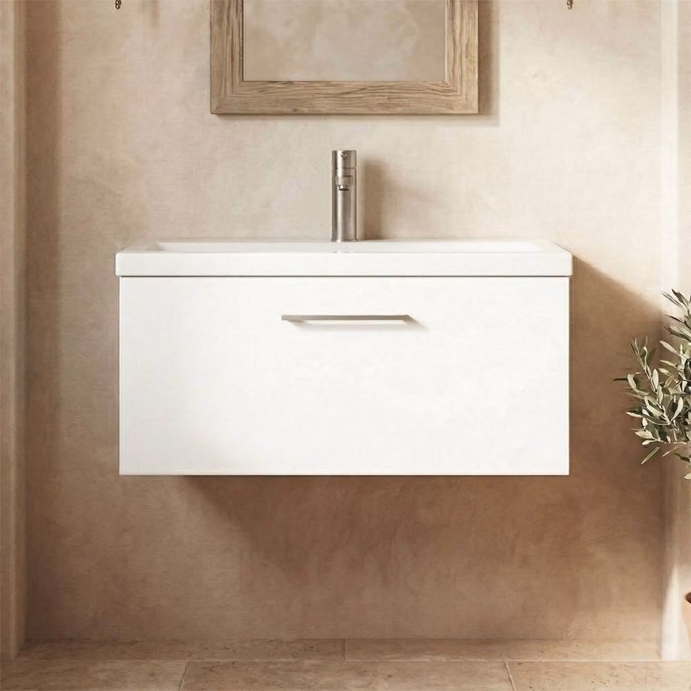 Balterley Gloss White Wall Hung 1 Drawer Vanity Basin Unit with Pewter Handle, Width: 80 cm – 5