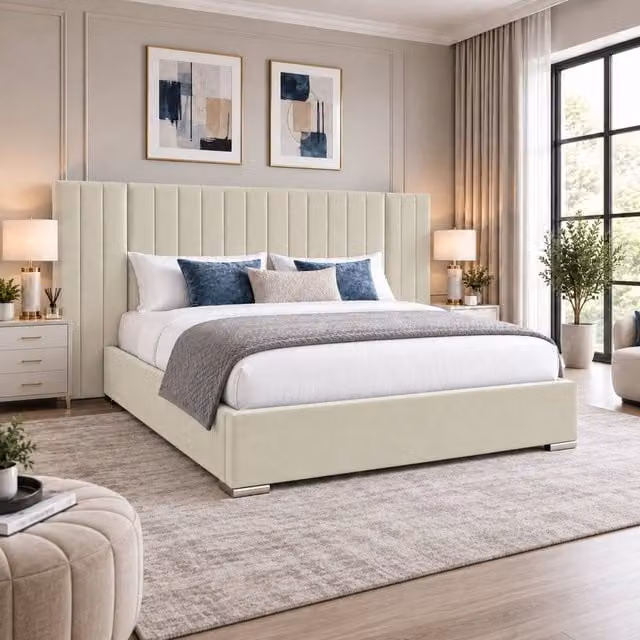 Stratus Interiors Raphael Extra Wide Upholstered Panel Bed with Gas Lift Storage in Beige, W/D/H: 140 x 200 cm – 1