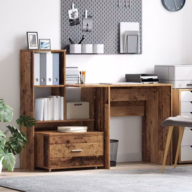 Berkfield Home Writing Desk with Drawer and Shelf in Brown Old Wood, W: 131.5 cm, D: 50 cm, H: 106.5 cm