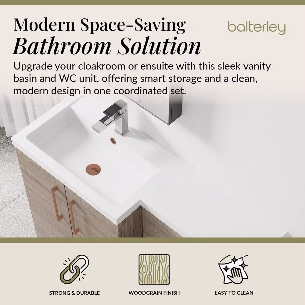 Balterley Modern Left-Hand Vanity and WC Unit Combination in Brown with Soft-Close Hinged Doors, Width: 110 cm – 2