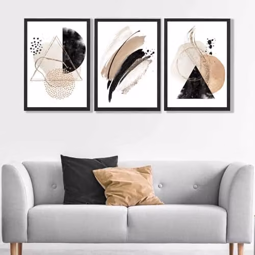 ARTZE Set of 3 Abstract Black and Beige Watercolour Shape Paper Posters, W: 42 cm, H: 59.4 cm
