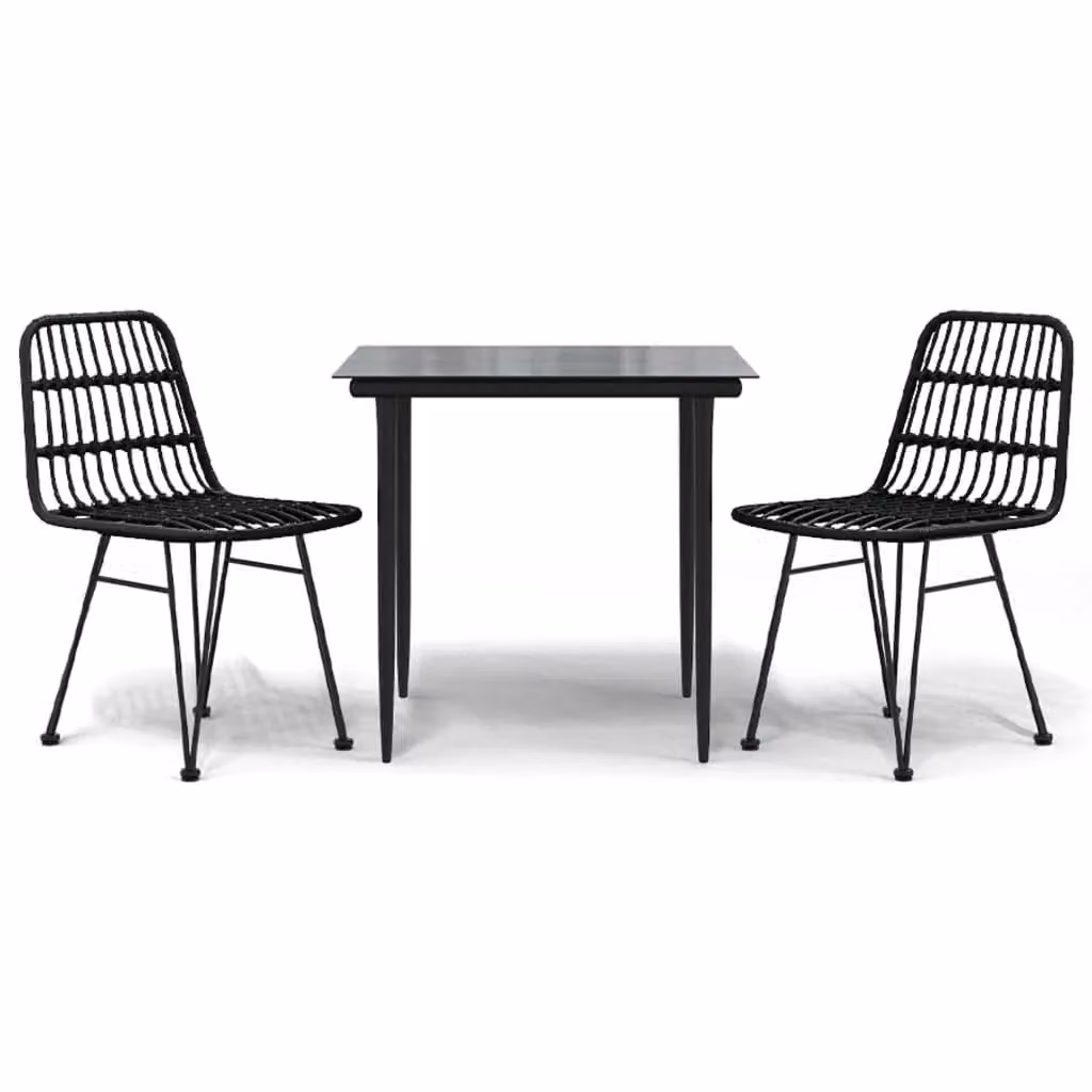 Berkfield Home 3 Piece Black Poly Rattan Garden Dining Set with Glass Top and Powder Coated Steel Frame – 2