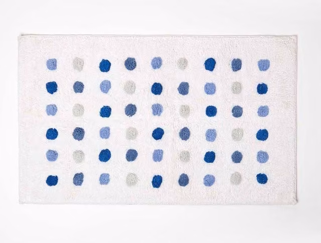 Homescapes Blue and White Cotton Polka Dot Tufted Bath Mat, 50 x 80 cm