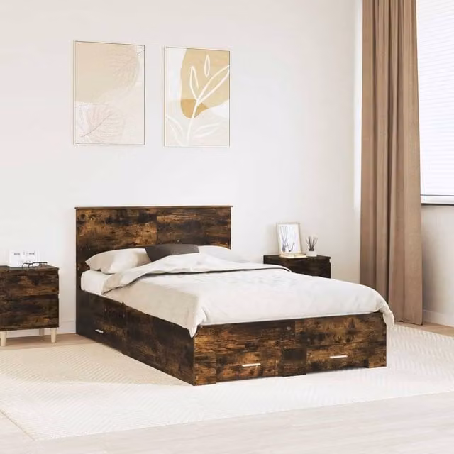 Berkfield Home Modern Bed Frame with Drawers in Smoked Oak Brown, W/D/H: 120 x 200 cm