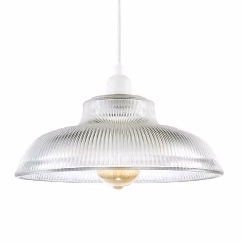 Happy Homewares Classic American Diner Round Clear Ribbed Glass Ceiling Pendant Lamp Shade, W: 30 cm, H: 12 cm – 1