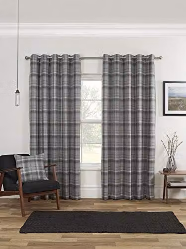Sundour Checked Blackout Eyelet Curtains in Grey, W: 168 cm, H: 137 cm