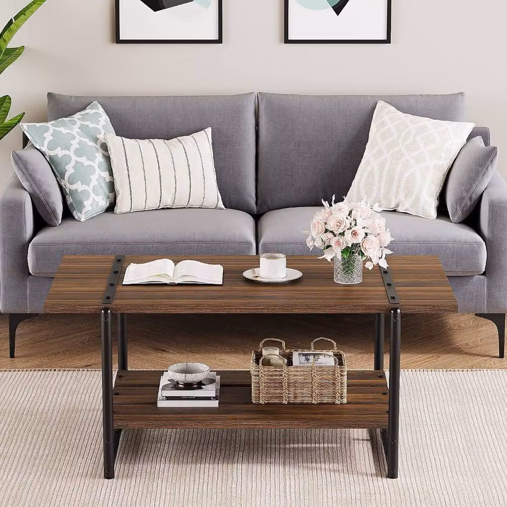 London Boutique 2-Tier Rectangular Coffee Table and Sofa Side Table with Shelf in Walnut Brown – 7
