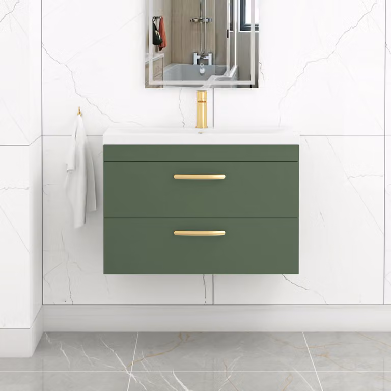 Royal Bathrooms Turin Wall Hung Vanity Unit with Mid-Edge Basin, Matt Green, 80cm Width
