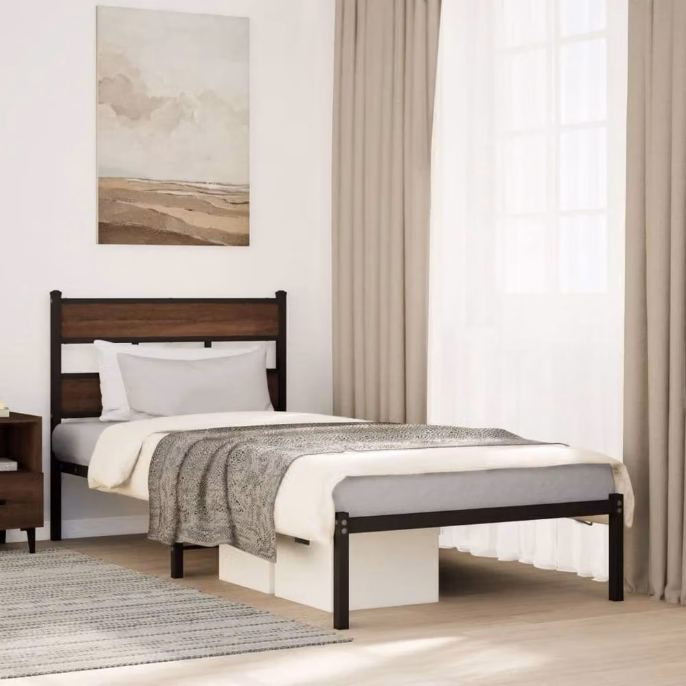 Berkfield Home Single Bed Frame with Headboard in Brown Oak, W/D/H: 90 x 190 x 91.5 cm – 2