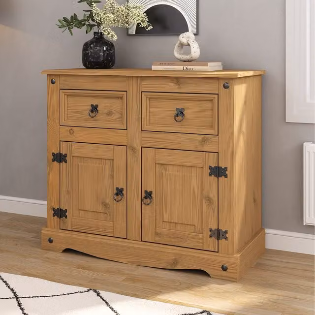 Mews Rustic Waxed Pine Sideboard in Brown and Black