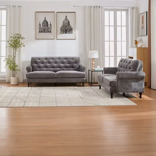 FURNITURE ONE Grey Velvet Tufted Chesterfield Sofa Set with 2-Seater and 3-Seater Sofas