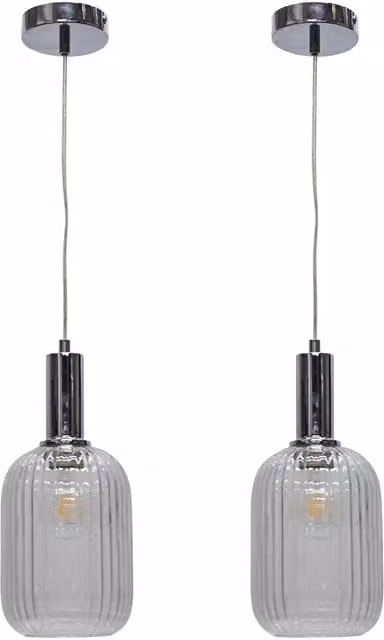 First Choice Lighting Batley Set of 2 Chrome Deco Pendant Fittings with Transparent Ribbed Glass
