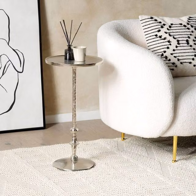 Wyld and Coco Silver Aluminium Round Geometric Side Table, H 61 cm x W 32 cm x D 32 cm – 1