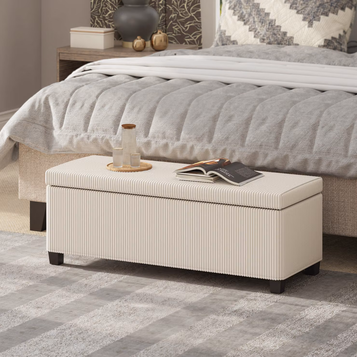 HOMCOM Corduroy Storage Ottoman Bench in Beige with Removable Lid and Metal Legs, W/D/H: 112 x 40 x 40 cm – 2
