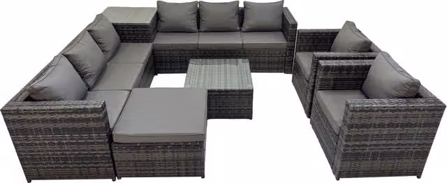 Fimous 9 Seater L-Shape Garden Rattan Furniture Set in Dark Grey with Upholstered Cushions, Coffee Table and Ottoman – 1