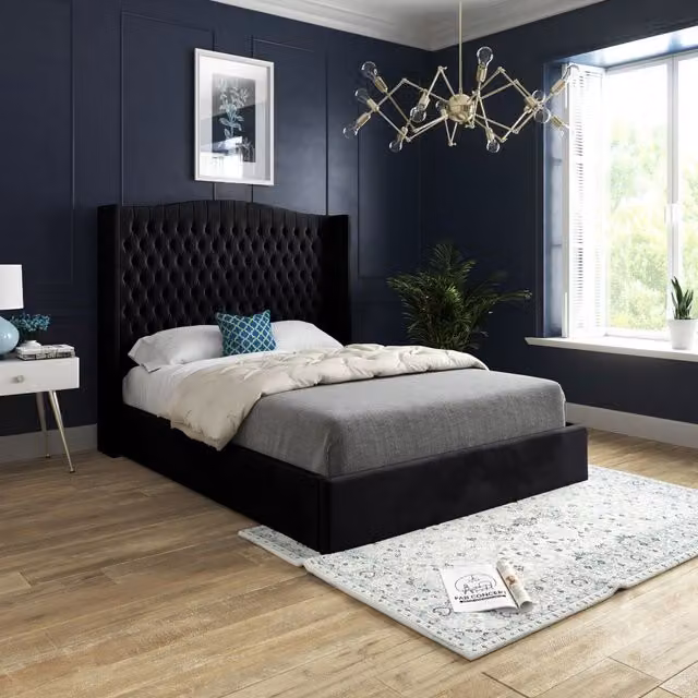 KDMD Rana Curved Top Winged Upholstered Soft Velvet Black Bed Frame, W/D/H: 120 x 200 x 128 cm
