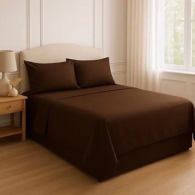 Homes-Linen 180 Thread Count Polycotton Blend Percale Flat Sheet, Brown, W: 90 cm, L: 200 cm