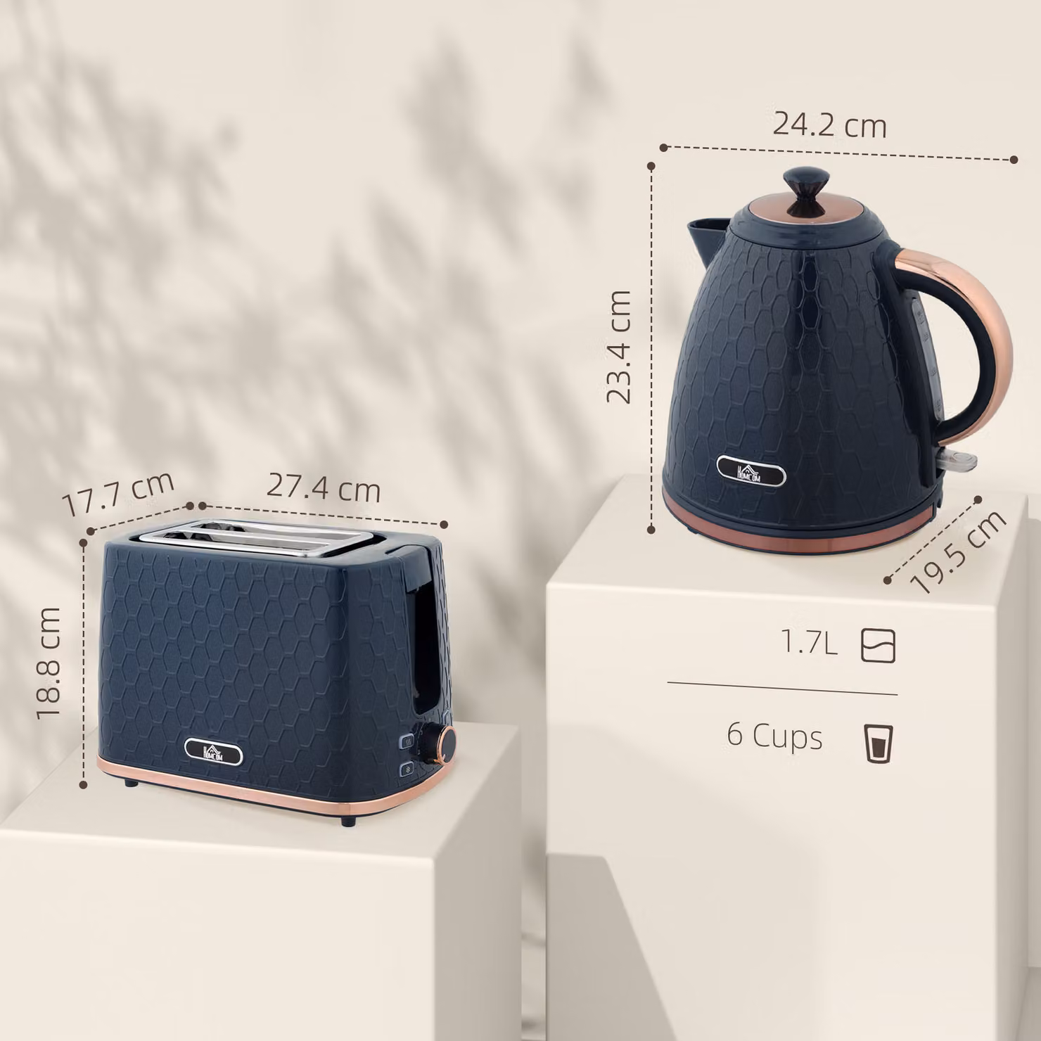 HOMCOM Blue Kettle and 2 Slice Toaster Set with 1.7L Fast Boil Kettle and Browning Controls – 3
