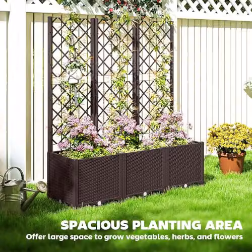Outsunny Raised Garden Bed with Trellis in Brown Plastic WPC for Vegetable and Herb Gardens, W/D/H: 140 x 40 x 40 cm – 4