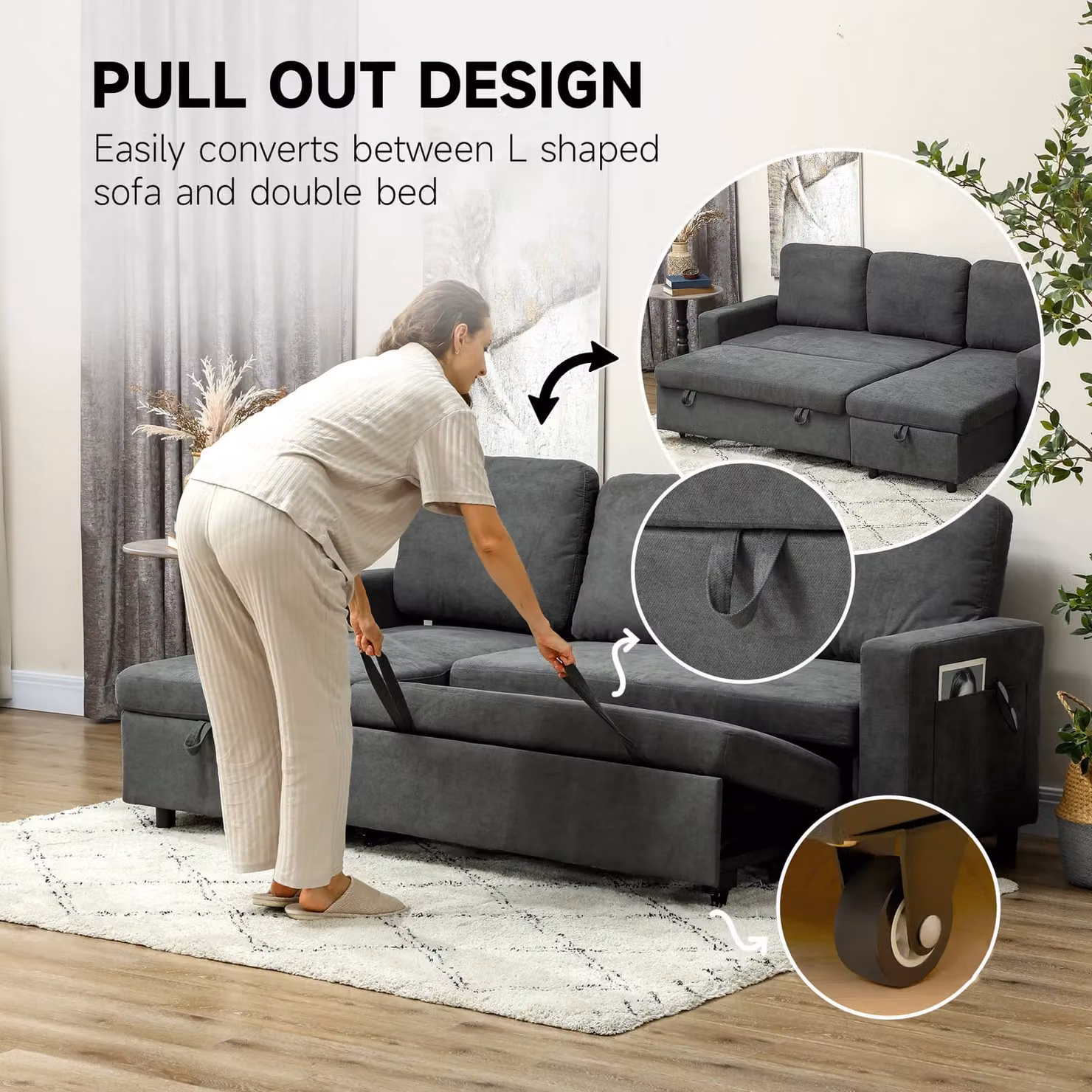 HOMCOM L-Shape Corner Sofa Bed with Reversible Chaise and Pull Out Drawer in Dark Grey – 4