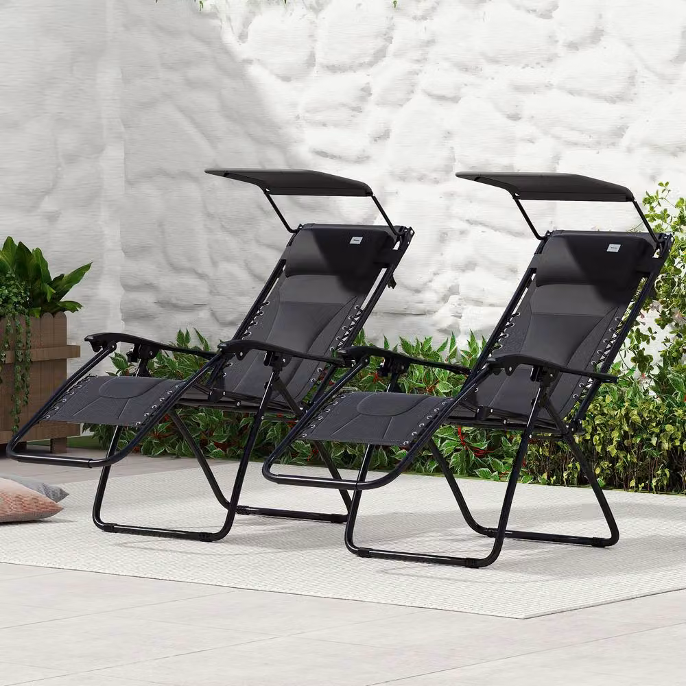 ERGOVEXA Set of 2 Zero Gravity Lounger Chairs in Black with Sun Canopy, Adjustable Headrest and Side Tray – 5