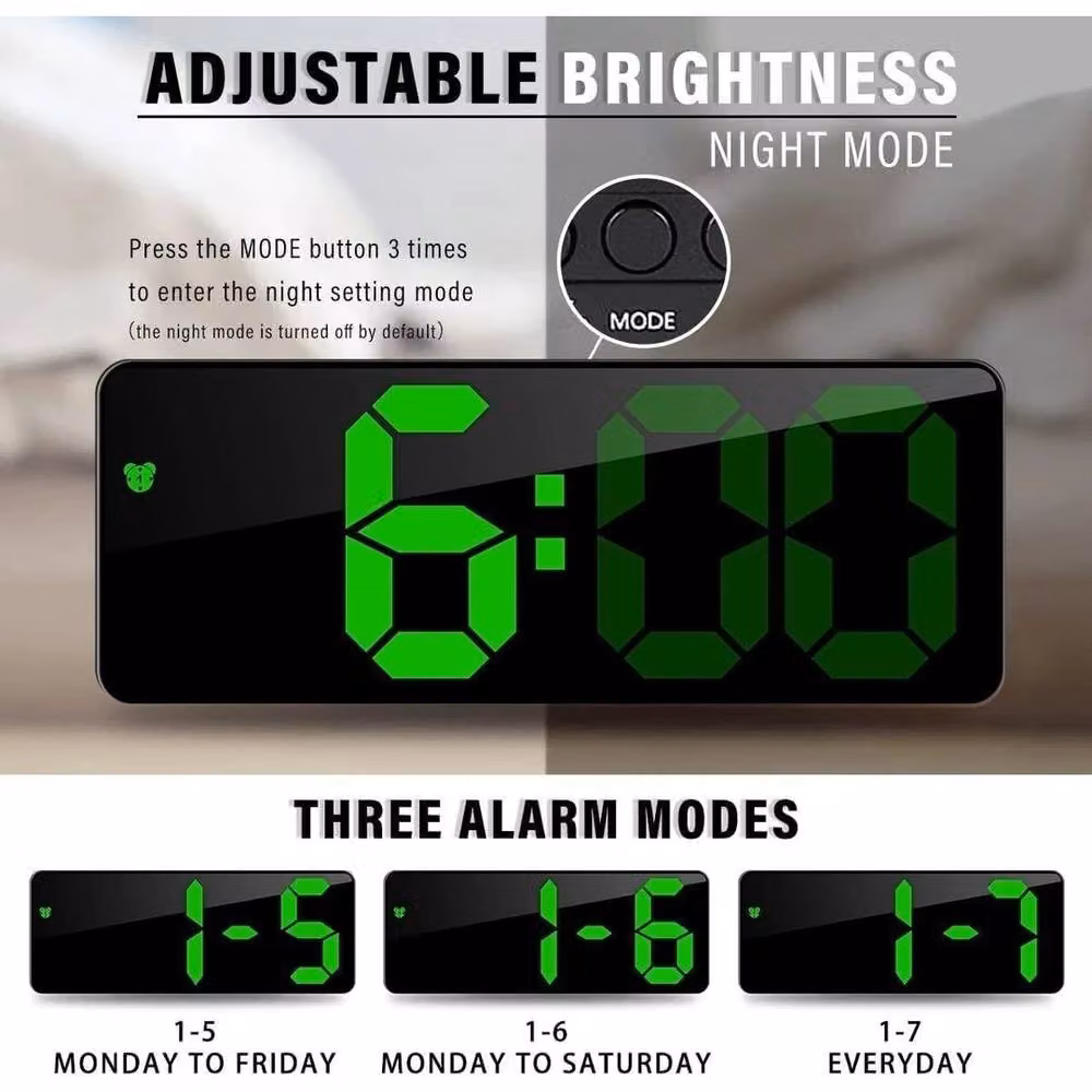 FLAVORA Digital Mirror LED Alarm Clock with Display, Black, W: 100 cm, H: 15 cm – 3